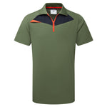 Green polo shirt with color-blocked collar on a white background