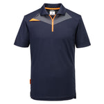 Navy polo shirt with orange accents on a white background