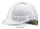 White Beeswift B Brand Ratchet Wheel Vented Safety Helmet Hard Hat  - Bbvshrh Head Protection Beeswift Active-Workwear Modern Stylish Design, ABS Shell, Vents to crown, lightweight, Wheel ratchet adjustment harness , Slots for attachments, Complete with terry toweling sweatband, Conforms to EN397