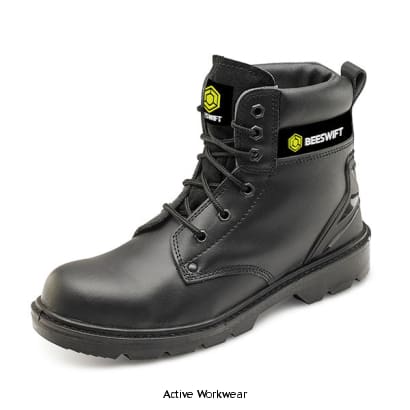 Beeswift Smooth Leather Safety Boot With Midsole Black Smooth leather 6-inch boot, 200 Joule steel toe cap, Steel midsole protection, Shock absorber heel, Anti-static, Slip resistant, Leather upper, TPU heel support, steel toe cap work boot