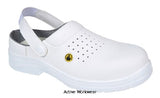 White Composite lite ESD Microfibre Perforated Safety Clog SB- FC03 Shoes Active-Workwear  Lightweight safety clog with a perforated upper for added breathability. 100% non metallic with plastic stud fastener. Suitable for use in ESD environments. Complies with EN 61340-5-1. Composite toecap for added protection Anti-static footwear Energy Absorbing Seat Region SRC 