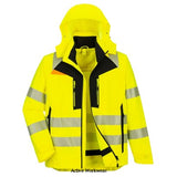 Yellow DX4 Hi-Vis 4-in-1 Jacket- Reversible Stretch Fabric Bodywarmer/gilet DX466 Fresh dynamic design combined with superior stretch breathable fabric makes this the most desired hi-vis combo jacket on the market. reflective tape, Texpel Splash water resistant finish and articulated sleeves. 