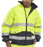 Yellow Europa Two Tone Hi Vis Bomber Jacket/Bodywarmer (removable Sleeves) En471 -EBJ Hi Vis Jackets Active-Workwear EN471 class 3 - class 2 when sleeves removed Removable sleeves Detachable fleece liner 100% polyester with non-breathable coating Unlined hood with draw cord Plastic zip with internal storm flap Pen pocket to upper left sleeve Exposed ribbed cuffs and waist band Mobile phone pocket to right breast 2 lower front bellow