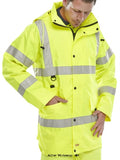 Yellow B-Seen Hi Vis Breathable & Waterproof Jubilee Long Coat En471 (RIS 3279) - Jj Hi Vis Jackets Active-Workwear Detachable hood with draw cord Two-way heavy duty zip front with storm flap. Two lower front patch pockets with hook and loop fastening flap. ID card 'D' ring. Draw cord at hip. internal mesh lining with mobile phone pocket. Two roomy 'Poachers' pockets at lower front. Deep Left breast zipped security pocket under front flap.