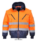 Orange Hi Vis detachable sleeve "Fur lined" 3 in 1 Winter Pilot Jacket/Bodywarmer Portwest PJ50 Hi Vis Jackets Active-Workwear Providing versatile and comfortable protection, this Portwest Faux fur lined jacket is suitable for a variety of working environments. Quality fabric, superb workmanship and unrivalled function are standard. The detachable fur lining and collar in combination with the zip-out sleeves ensures this is an extremely adaptable garment. Numerous zipped outer and interior pockets