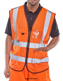 Orange Hi Vis Executive Zipped Safety Vest With Multi Pockets En471 - Wcengexe Hi Vis Tops Beeswift Active-Workwear Hi Vis executive waistcoat 100% Polyester Front zip fastening Two large front pockets with flaps Mobile phone pocket with hook and loop fastening flap Radio loop Pen & pencil pockets Transparent ID pouch pocket Retro-reflective tape  Covered mesh back panel EN ISO 20471 class 2 high visibility