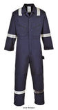 Navy Blue Hi Viz Iona Zipped Boiler Suit overalls Coverall Portwest F813 Boiler suits & One pieces Active-Workwear Safety and comfort are the hallmarks of this coverall. Features include kneepad pockets action back stud adjustable cuffs functional pockets and a hammer loop. Hi-Vis reflective tape to chest arms and legs for ultimate visibility. 