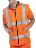 Orange Hi Vis Reversible Bodywarmer/Gillet En471 RIS 3279 Beeswift Bweng Hi Vis Jackets Active-Workwear EN471 class 2. RIS 3279. PU coating to hi-vis side. Reversible bodywarmer 'zipout' Heavy duty zip Grey polycotton lining on reverse 2 zipped pockets on both sides Mobile phone compartment on quilted side Reflective Material.