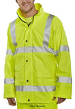 Hi Vis Waterproof Breathable & Lined Hooded Soft Touch Jacket En471 Beeswift B Dri-PULJ Hi Vis Jackets Active-Workwear Breathable fabric. polyester with PU coating.Concealed hood. Full zip front with double storm flap.Nylon/Polyester quilt lining.Self double yoke back.Lower pockets with flap Elasticated storm cuffs.Stitched and welded seams.Retro - reflective tape.Conforms to EN ISO 20471 Class 3 High Visibility Conforms to EN343