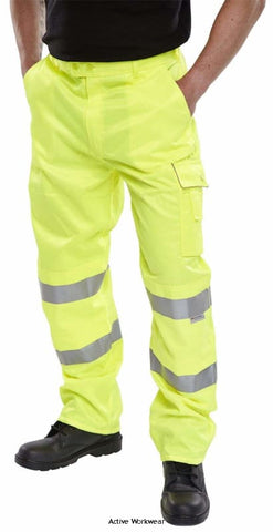 Hi Vis Work Trousers En471 Class 1 with kneepad pocket -BEESWIFT Pctensy  polyester cotton Seven loop belt waistband  2 x hip pockets 1 x left leg cargo pocket 1 x rear jetted pocket Knee pad pouch pockets Hard wearing and durable Triple sewn main seams for extra strength 