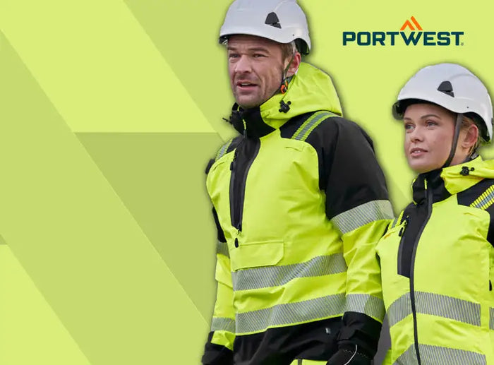 High-visibility safety jacket with reflective stripes, portwest brand.