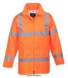 Lightweight Foul Weather Hi Vis  Budget Rain Jacket Portwest H440  Designed to keep the wearer visible safe and dry in foul weather conditions the H440 is extremely practical and waterproof. It offers exceptional value for money and can be perfectly matched with the H441 Hi-Vis Rain Trouser. 