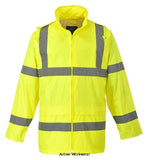 Yellow Lightweight Foul Weather Hi Vis Class 3 Budget Rain Jacket Portwest H440 Hi Vis Jackets Active-Workwear Designed to keep the wearer visible safe and dry in foul weather conditions the H440 is extremely practical and waterproof. It offers exceptional value for money and can be perfectly matched with the H441 Hi-Vis Rain Trouser. This garment can be easily rolled up and stored when not in use.