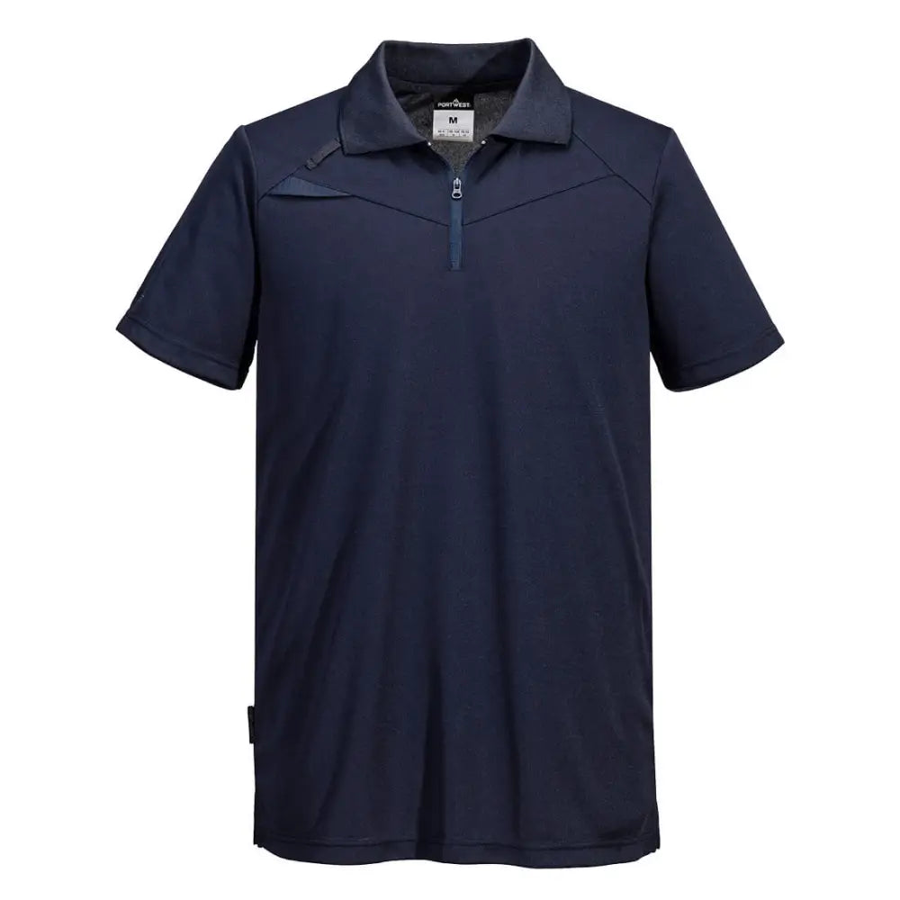 Navy blue polo shirt with a zipper on a white background