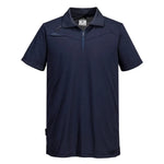 Navy blue polo shirt with a zipper on a white background