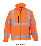 Portwest Hi-Vis Softshell 3 Layer 2 in 1 Jacket/Bodywarmer - S428 Hi Vis Jackets Active-Workwear Offering versatility and great functionality, this High Visibility Softshell garment has you covered. It provides full coverage as a complete jacket in wet conditions. Or when worn with sleeves detached the bodywarmer is the layer of defence that works.