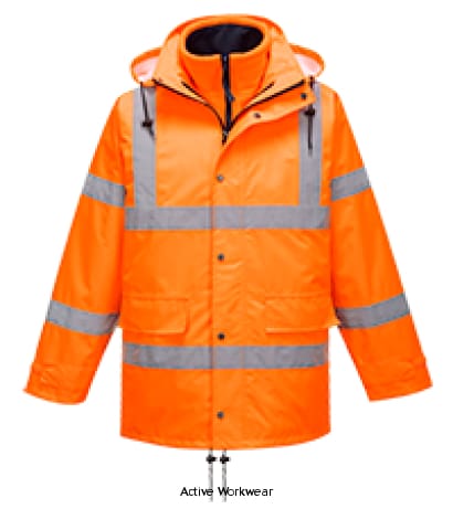 Orange Rail Portwest Waterproof Breathable Hi-Vis Shell Interactive RIS 3279 Jacket - RT63 Hi Vis Jackets Active-Workwear| A high quality interactive shell jacket that can be teamed with our high visibility interactive fleece for extra insulation. Waterproof and breathable to the highest standards, this jacket has multiple features including a detachable hood, multiple pockets for ample storage and durable reflective tape for maximum visibility.