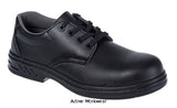 Black Vegan Microfibre Laced Safety Shoe S2 sizes 34 -48 Portwest FW80 Shoes Active-Workwear Classic styled laced vegan friendly safety shoe with padded collar for all day comfort. Minimal design makes this collection practical, safe and durable. CE certified Protective steel toecap Anti-static footwear Energy Absorbing Seat Region Water resistant upper to prevent water penetration
