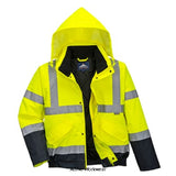 Yellow Waterproof Hi-Vis 2-Tone Padded Bomber Jacket RIS 3279 Portwest S266 Hi Vis Jackets Active-Workwear Portwest waterproof High Visibility Bomber Jacket is fully certified, This two-tone Hi Vis bomber style jacket is a strong performer in the  Portwest Hi-Vis range. The quilted lining provides warmth and comfort whilst the waterproof taped seams ensure 100% dryness. CE certified Waterproof with taped seams preventing water penetration Fully lined and padded  Reflective tape