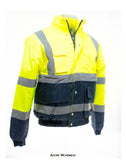 Yellow Yoko Hi Vis 2 Tone Bomber Jacket Waterproof -HVP218 Hi Vis Waterproofs Active-Workwear Conforms to EN ISO471:2013 Class 3 & EN343 against foul weather. Waterproof Oxford PU coated Polyester outer fabric. Navy contrast helps to provide a corporate image whilst disguising dirt around the hem and cuff areas. Quilted Nylon lining with 190g. Polyester wadding. Heavy duty zip front with studded storm flap. Navy elastication at cuffs and hem