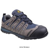 Amblers FS34C Metal Free Lightweight Lace up Safety Trainer S1P size 4-12 Boots Active-Workwear Stylish Blue safety trainer with composite toe cap and midsole protection Breathable mesh upper with grey microfibre overlays Textile Loop Lacing System Cushioned textile lining with padded collar and tongue Composite toe cap and midsole providing lightweight protection Heat Resistant Rubber Sole S1-P-HRO Meets ISO20345 Lining Nylon Mesh , Upper Material Mesh/Microfibre 