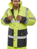 Yellow Blue B Seen By Beeswift Hi Vis Two Tone Heavyweight Traffic Jacket Lined Waterproof Sml to 5XL- Tjstt Hi Vis Jackets Active-Workwear Heavyweight PU coated polyester. Quilted lining with polyester filling. Concealed hood. Two-way heavy duty zip front. 2 lower pockets. 1 inside pocket. Knitted storm cuffs. Fully taped seams. Retro-Reflective Tape. EN ISO 20471Class 3 High Visibility EN 343 Class 3 resistance to Water Penetration Class 1 Air Permeability