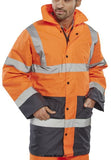 Orange B Seen By Beeswift Hi Vis Two Tone Heavyweight Traffic Jacket Lined Waterproof Sml to 5XL- Tjstt Hi Vis Jackets Active-Workwear Heavyweight PU coated polyester. Quilted lining with polyester filling. Concealed hood. Two-way heavy duty zip front. 2 lower pockets. 1 inside pocket. Knitted storm cuffs. Fully taped seams. Retro-Reflective Tape. EN ISO 20471Class 3 High Visibility EN 343 