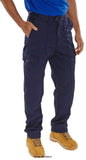 Navy Beeswift Budget Cargo Work Trousers With Knee Pad Pockets and sewn in Crease - Pcthw Kneepad Trousers Active-Workwear 235gsm Poly Cotton Zip fly with hook/bar and button fastening Belt loops 2 Swing hip pockets 2 Cargo pockets 2 Rear pockets with stud flap Sewn in crease Knee pad pockets Also Available in tall fit (T) and short (S)