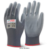 Grey Beeswift (PUGGY) Pu Coated Nylon Work Glove (Pack Of 100 prs) - Pug Workwear Gloves Active-Workwear the electricians/plumbers favourite work glove Nylon Glove. Polyurethane palm coated. Machine Knitted. Integral elasticated wrist. Ideal for handling light components. EN388: 2003 Level 4 - Abrasion Level 1 - Cut Resistance Level 3 - Tear Resistance Level 1 - Puncture 