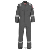 Grey BizFlame Flame Retardant Lightweight Anti Static Hi Viz Coverall 280g FRAS - FR28 Boilersuits & Onepieces Active-Workwear Constructed using a lighter weight highly innovative flame resistant BizFlame Plus fabric, CE certified, guaranteed flame resistance for life of garment Protection against radiant, convective and contact heat CE certified Guaranteed flame resistance for life of garment