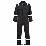 Balck BizWeld Flame Retardant hi viz Iona Welding Coverall Portwest BIZ5 Boilersuits & Onepieces Active-Workwear The Bizweld Biz5 Iona FR Coverall offers visible protection to the wearer. Clever design features include flame resistant reflective tape on the shoulders, sleeves and legs, the option to insert knee pads when needed, ample storage space and a rule pocket. A very popular style. CE-CAT III Guaranteed flame resistance for life of garment Protection against radiant, convective and contact heat 
