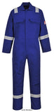 Royal Blue BizWeld Flame Retardant hi viz Iona Welding Coverall Portwest BIZ5 Boilersuits & Onepieces Active-Workwear The Bizweld Biz5 Iona FR Coverall offers visible protection to the wearer. Clever design features include flame resistant reflective tape on the shoulders, sleeves and legs, the option to insert knee pads when needed, ample storage space and a rule pocket. A very popular style. CE-CAT III Guaranteed flame resistance for life of garment Protection against radiant, convective and contact heat 