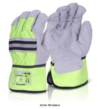 Canadian Lined Hi Vis Leather Rigger Glove (Pack Of 10) - Beeswift Canchqhv Hand Protection Active-Workwear Grey split leather B-Flex Hi Vis rigger glove. Saturn yellow polyester backing and safety cuff. Retro reflective tape to knuckle strip. Generous hand size. Fleece lining for warmth and comfort. EN388: 2003 Level 4 - Abrasion Level 1 - Cut Resistance Level 4 - Tear Resistance Level 4 - Puncture 
