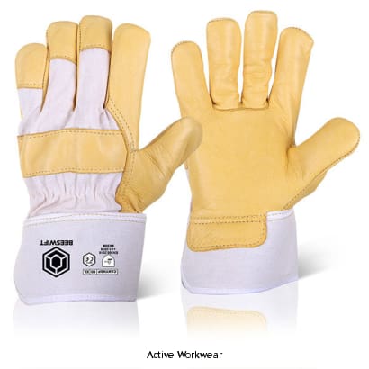 Canadian Yellow Leather Rigger Glove Fleece Lined (Pack Of 10)- Beeswift Canyhsp Hand Protection Active-Workwear Canadian pattern yellow grain leather glove. Striped cotton drill back and pasted safety cuff. Large hand size with fleece lining. EN388 2 1 4 3. 