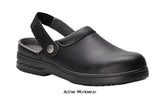 Black Clean Room Medical Microfibre Safety Clog SB Steel Toe Cap Vegan Friendly - FW82 Shoes Active-Workwear This lightweight microfibre safety clog style  shoe offers superb close fit and comfort in a clog design with a detachable back strap.. CE certified Protective steel toecap Anti-static footwear Energy Absorbing Seat Region Water resistant upper to prevent water penetration SRC