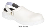 White Clean Room Medical Microfibre Safety Clog SB Steel Toe Cap Vegan Friendly - FW82 Shoes Active-Workwear This lightweight microfibre safety clog style  shoe offers superb close fit and comfort in a clog design with a detachable back strap.. CE certified Protective steel toecap Anti-static footwear Energy Absorbing Seat Region Water resistant upper to prevent water penetration SRC