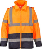 Portwest Hi-Vis Classic Contrast Rain Jacket - H443 Hi Vis Waterproofs Active-Workwear  Designed to keep the wearer visible safe and dry in foul weather conditions. This lightweight stylish two tone jacket features a pack-away hood for easy access large pockets for ample storage and vented back yoke and
