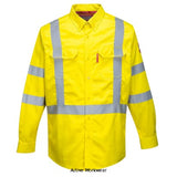 Portwest Bizflame Flame Retardant Hi-Vis Shirt-FR95 This lightweight shirt offers guaranteed flame resistance for the life of the garment. EN ISO 20471 Class 3 it is ideal for situations where extra visibility is required, spacious and comfortable an action back for ease of movement and an extra long shirt tail to 