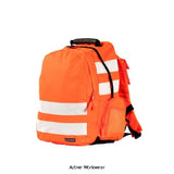 Orange Hi-Vis Rucksack (25L) Ideal for Cyclists/commuters Railway B905 Accessories Belts Kneepads etc Active-Workwear Ideal for workers, cyclists or school children who use highly reflective accessories to make them more visible to motorists. Comes complete with an integrated MP3/mobile phone pocket, multiple pockets and padded back panel for comfort. The fabric and reflective tape meets the requirements of EN ISO 20471. 