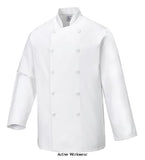 Portwest Sussex Cotton Chefs Jacket - C836 Catering & Hospitality Active-Workwear This jacket is the ultimate in wearer comfort. Made from 100% premium cotton it is absorbent and comfortable next to the skin. The double-breasted front and rubber button features enhance the classic styling of this garment.