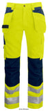 Yellow Projob 6531 Hi Vis Trousers with Holster Pockets En Iso 20471 Class 2-646531 Waist pants with holster pockets, one with an extra pocket and one with loops for tools. Back pockets with flap and Velcro closure. Folding rule pocket and pocket for tools with knife button. Two hammer loops, one on each side. Reinforcements in holster pockets, folding rule pocket and over knees for increased durability. 