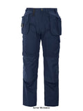 Navy Projob Workwear Holster Pocket kneepad work trousers Waistpants-645512 Waist pants in polyester/cotton with reinforcements at front of thighs for increased durability. Holster pockets that can be tucked into side pockets on both sides, one with extra pockets and one with loops for tools. 