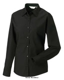 Black Russell Collection Ladies Long Sleeve Shirt-934F  Made from one of the most classic shirt fabrics combining elegance with durability and wearer comfort Classic single button collar Rounded 2 button adjustable cuffs V-shaped pocket over left chest Rounded hem 