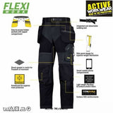 Black Snickers Flexi Work trousers with Kneepad & Holster Pockets - 6902 Snickers Trousers Active-Workwear are taking working comfort and flexibility to the extreme. Super-light work trousers in high tech body-mapped design, combining ventilating stretch fabric with Cordura reinforcements and holster pockets for outstanding freedom of movement and functionality. High-tech body-mapped design with super-light ventilating stretch fabric and true pre-bent legs for extreme comfort