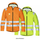 Snickers Hi Vis Waterproof Lightweight Work Jacket EN343 Class 3 - 8233 Hi Vis Jackets Active-Workwear is a beacon in rainy weather. Completely waterproof high visibility rain jacket. Made of stretchy PU coated fabric with welded seams to ensure a 100% dry and comfortable working day. EN 343, EN 471, Class 3. Soft, heat-sealed 3M reflective tapes all round, the shoulders and arms so that you're highly visible