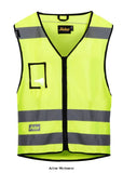 Yellow Snickers Hi Vis Zipped Vest Class 2 (Multi Pockets) -9153 Hi Vis Tops Active-Workwear  Bright design at work. Light yet hardwearing high-visibility vest with front zipper and patented MultiPockets convenience. EN 471, Class 2. Reflective bands all around, including over the shoulders so that you're highly visible from all directions even when bending down  Features patented MultiPockets convenience