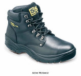 Sterling Black Leather Safety Work Boots Steel Toe & Midsole  derby boot Black full grained leather upper, Padded collar and tongue, Steel toe cap and mid-sole, PU dual density sole, Chemical resistant sole, Oil resistant sole, Shock absorption Safety Rating S1P Slip Rating SRC Size Range 3 to 12