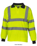 Yoko Hi-Vis Long Sleeve Polo Shirt -HVJ310-  Conforms to EN ISO20471:2013 Class 3 reflective tapes around the body and arms, and one over each shoulder Contrast knitted navy ribbed collar & cuffs 3 button placket Ideal for the working environment with high speed moving vehicle machines and also where the arms required to be covered