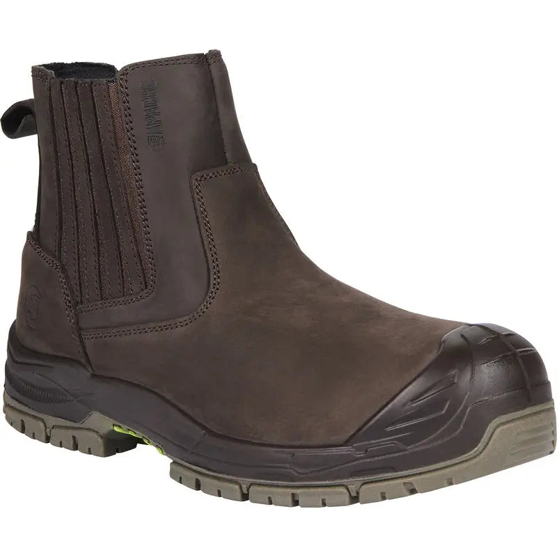 Brown leather boot with a black sole on a white background