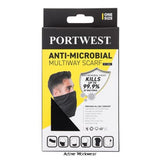 Anti-Microbial Multiway Neck Tube Snood face Covering Scarf Portwest CS25 Respiratory Active-Workwear Portwest Multiway Scarf with anti-microbial finish. Kills 99.9% of bacteria and controls numerous odour-causing microorganisms that can accumulate in the fibres from skin contact and laundering. It can be worn in a combination of ways. The stretchy cotton elastane fabric allows for it to transform 